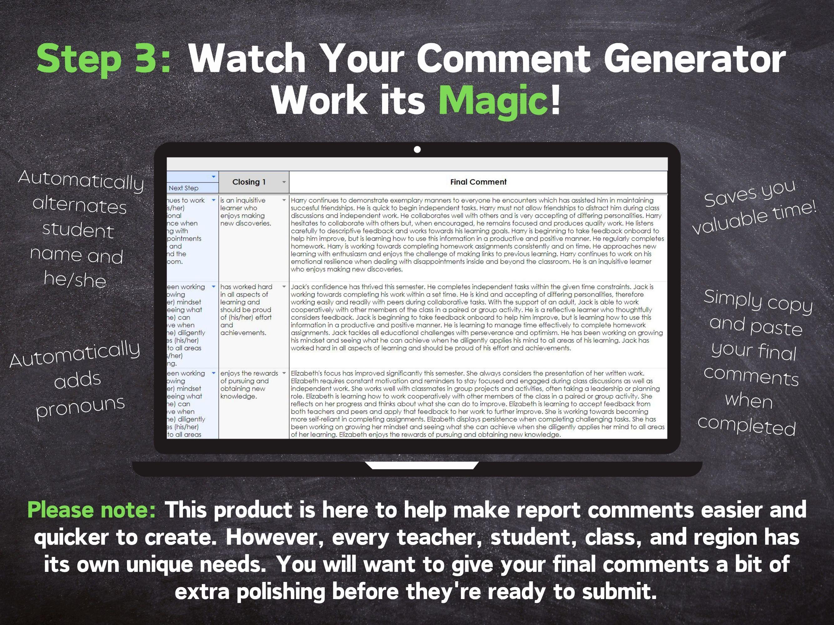 Teacher Report Comment Builder / Blank Editable Template for Google ...