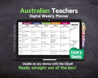 Australian Teacher Digital Weekly Planner - Automatic Dates - Microsoft Excel & Google Sheets - RAINBOW