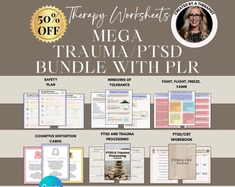 Trauma & PTSD Therapy Worksheets Bundle: CBT, Safety Plan (PLR)