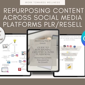 Könnte beinhalten: Ein digitales Produkt-Mockup mit einem Leitfaden zur Wiederverwendung von Inhalten auf Social-Media-Plattformen. Der Leitfaden trägt den Titel "Maximizing Time & Growth: Guide to Repurposing Content Across Platforms". Der Leitfaden befindet sich auf dem Bildschirm eines Tablets mit einem hellbraunen Hintergrund. Der Text "Repurposing Looks Like This!" befindet sich auf dem Bildschirm eines Tablets mit einem weißen Hintergrund. Der Text "Repurposing You Have The Ability To Grow Your Marketing & Sales Funnel" befindet sich auf dem Bildschirm eines Tablets mit einem weißen Hintergrund. Der Text "Canva Editable" befindet sich auf einem blauen Kreis mit einem weißen Hintergrund.