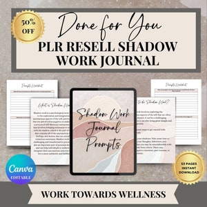 Puede incluir: Diario digital de trabajo de sombras con el texto "Shadow Work Journal Prompts" en la pantalla de una tableta. La imagen incluye hojas de trabajo y el texto "Done for You PLR Resell Shadow Work Journal". El diario es editable con Canva.