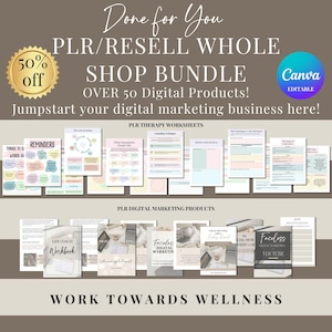 Può includere: Un pacchetto di marketing digitale con oltre 50 prodotti in vendita. Il pacchetto include fogli di lavoro stampabili, quaderni di lavoro e guide di marketing digitale. L'immagine include il testo "PLR/RESELL WHOLE SHOP BUNDLE" e "OVER 50 Digital Products!"