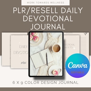 May include: A digital tablet screen displaying a daily devotional journal template with a light beige background. The template includes a section for daily devotions, a section for gratitude, and a section for requests. The tablet is on a white marble surface with a cup of coffee, a notebook, and a plate of cupcakes.