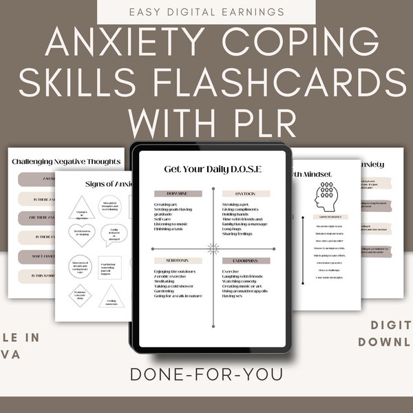 Anxiety Coping Skills Flashcards Canva Templates, Anxiety Coping Skill Cards, Therapy Worksheet, Anxiety Relief,  PLR Resell Templates