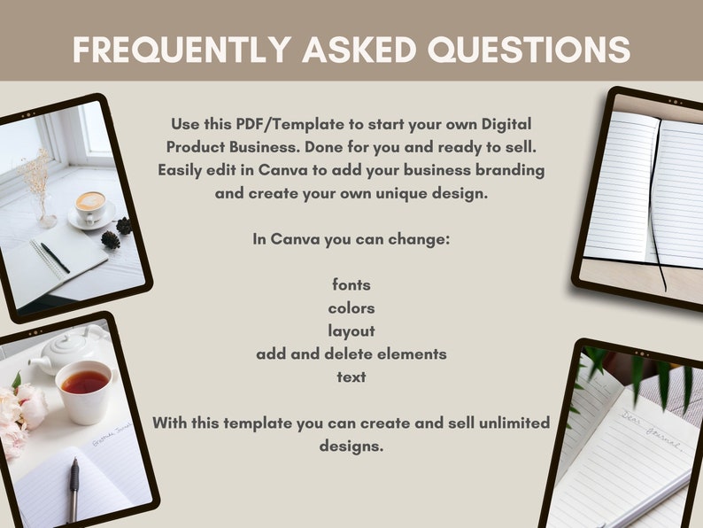 May include: A digital product template for creating and selling digital products. The template is easily customizable in Canva, allowing you to change fonts, colors, layout, add or delete elements, and edit text. The image shows a tablet screen with a mockup of a journal with the text "Dear Journal" on the cover.