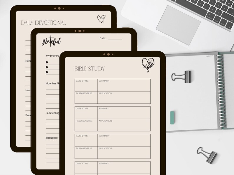 May include: Three digital planners on tablet screens with a beige background. The first planner is titled "Daily Devotional" with the word "grateful" in cursive. The second planner is titled "Bible Study" with columns for date and time, passage/verse, summary, and application. The third planner has the word "faith" in cursive with a heart symbol.