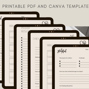 May include: Printable PDF and Canva templates for a daily gratitude journal. The templates feature a simple design with black text on a cream background. The text includes prompts such as "My prayers", "How has God worked through me today?", and "I am feeling blessed by."