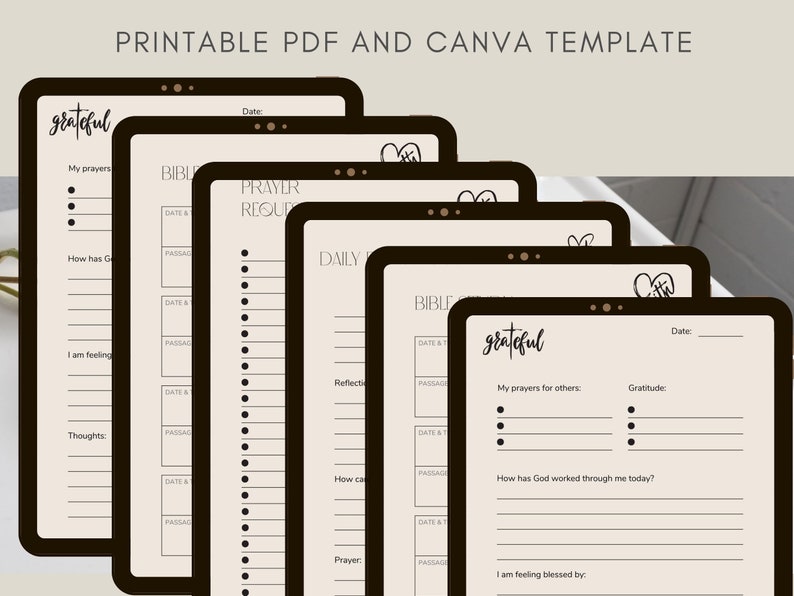 May include: Printable PDF and Canva templates for a daily gratitude journal. The templates feature a simple design with black text on a cream background. The text includes prompts such as "My prayers", "How has God worked through me today?", and "I am feeling blessed by."