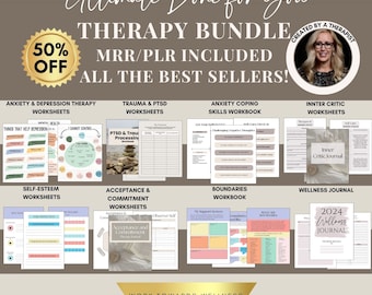 Op de afbeelding: Een digitale downloadbundel met printbare therapiewerkbladen en dagboeken. De bundel bevat werkbladen voor angst en depressie, trauma en PTSD, angstbeheersvaardigheden, innerlijke criticus, zelfvertrouwen, acceptatie en toewijding, grenzen en een welzijnsdagboek. De bundel is 50% korting en bevat MRR/PLR.