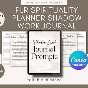 May include: A digital planner with the text "Shadow Work Journal Prompts" on a pink and white background. The planner is designed to help users explore their shadow self and includes prompts for journaling. The planner is editable in Canva and includes resell rights.