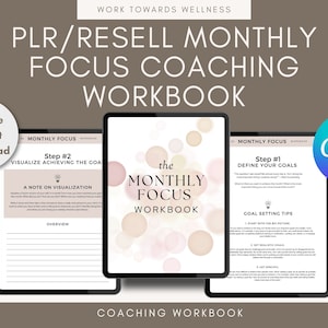 Puede incluir: Un libro de trabajo de coaching digital con un fondo de acuarela rosa y blanco. El libro de trabajo se titula "The Monthly Focus Workbook" e incluye pasos para definir objetivos y visualizar su logro. El texto "21 Page Instant Download" está en un círculo en la parte superior izquierda de la imagen.