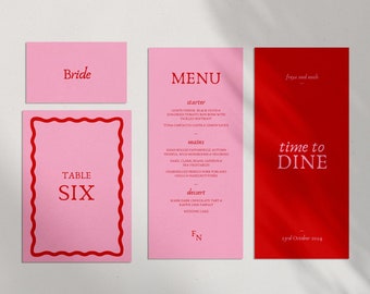 Lot de modèles de mariage rose et rouge, bordure ondulée, menu, numéros de table, téléchargement immédiat, modèle de mariage modifiable imprimable coloré