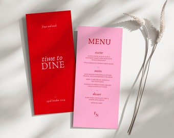 Modèle de Menu de mariage rose et rouge, menu du dîner de mariage moderne modifiable rétro, téléchargement immédiat, modèle imprimable de mariage rétro coloré