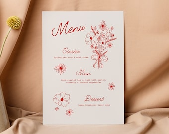 Hand Drawn Menu Whimsical Canva Template | Flower Illustration Dinner Party Menu | DIY Printable | Hand Drawn Template | Red And Cream Menu