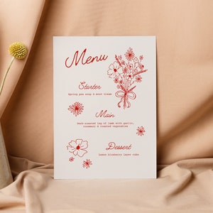 Menú dibujado a mano Plantilla de Canva caprichosa / Menú de cena con ilustración de flores / DIY imprimible / Plantilla dibujada a mano / Menú rojo y crema