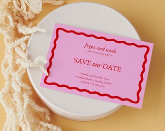 Save The Date Template, Pink And Red Modern Editable Wedding Stationary, Instant Download, Wavy Border Template, Hen Party Printable Invite