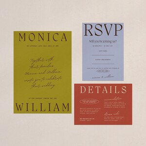 May include: A set of three wedding invitation cards with a modern design. The cards are in shades of yellow, blue, and red. The text on the cards includes the names "Monica" and "William", the date "Saturday, 24th July 2023 at 4pm", and the RSVP information.