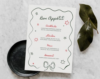 Hand Drawn Menu Canva Template | Whimsical Bow Stars Cocktail Party Menu | Wavy Border | DIY Printable | Hand Drawn Template