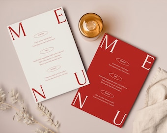 Minimal Menu Template, Red And Cream Wedding Editable Minimal Modern Dinner Menu, Instant Download, Colourful Dinner Party Stationery