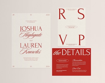Minimal Wedding Template Bundle, Red And Cream 90s Romance Modern Printable Wedding, Vintage Editable Wedding Stationery, Instant Download