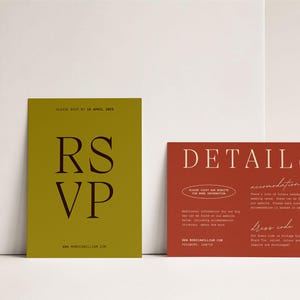 May include: Two cards with RSVP and Details text in a modern font. The RSVP card is mustard yellow with black text. The Details card is red with white text. The text on the Details card includes accommodation and dress code information.