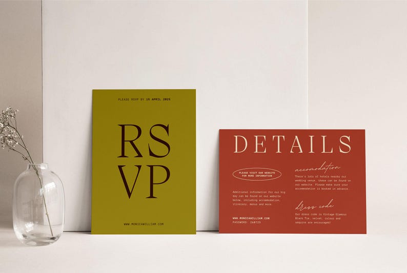 May include: Two cards with RSVP and Details text in a modern font. The RSVP card is mustard yellow with black text. The Details card is red with white text. The text on the Details card includes accommodation and dress code information.