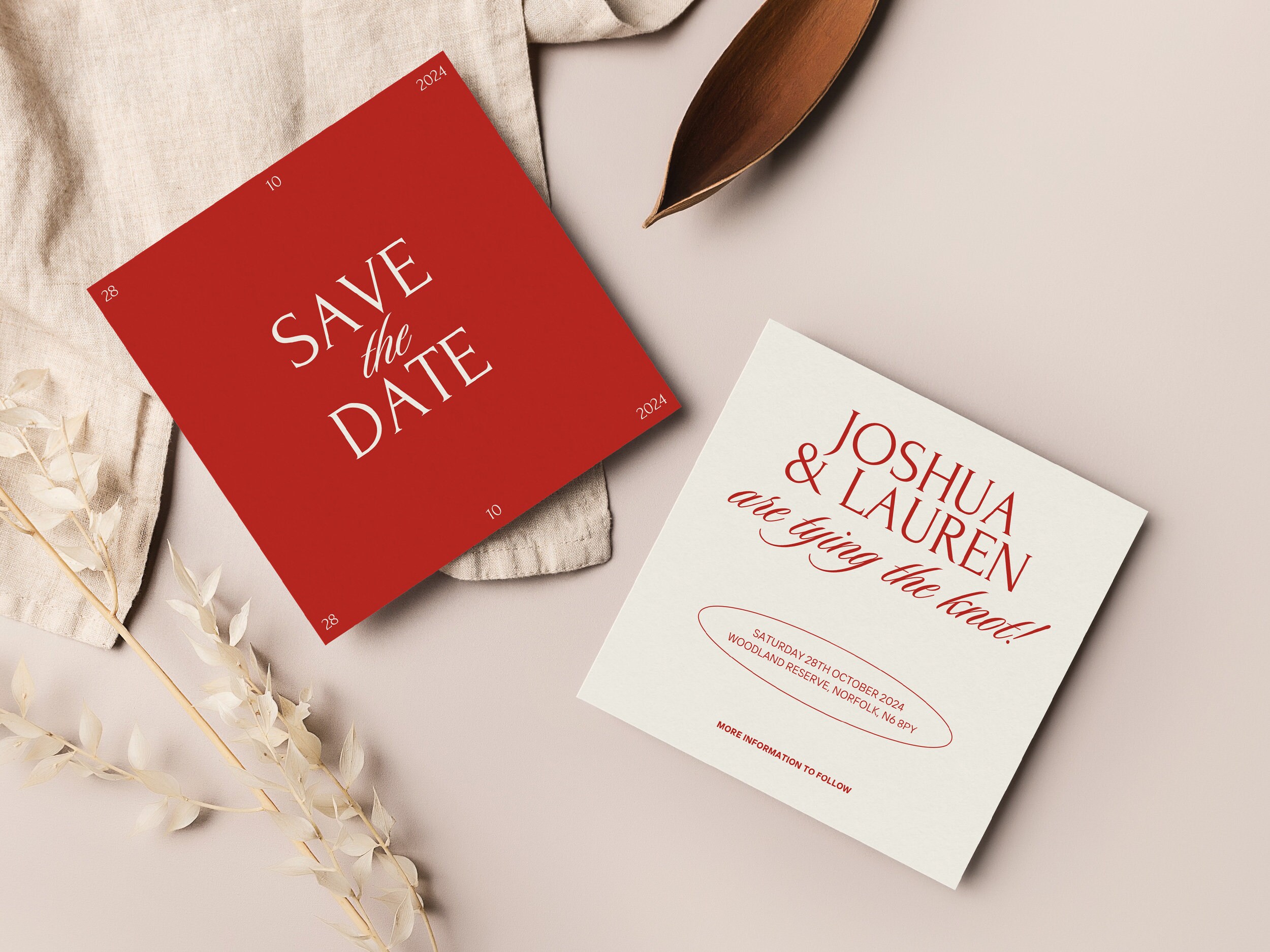 Minimal Save The Date Template, Red And Cream Wedding Editable Minimal Modern, Instant Download, Colourful Dinner Party Stationery