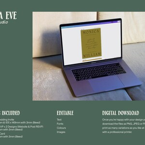 May include: A laptop screen displays a wedding invitation template with the names Monica and William. The text "What's Included", "Editable", and "Digital Download" is visible on the screen. The laptop is on a light brown surface.