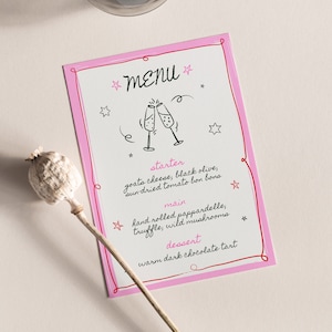 Wunderliche Hand gezeichnete Menü Canva Vorlage | Schleife Dinner Party Menü | Wellenrand | DIY Printable | Handgezeichnete Vorlage | Rosa und Rot einladen