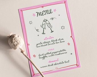 Whimsical Hand Drawn Menu Canva Template | Bow Dinner Party Menu | Wavy Border | DIY Printable | Hand Drawn Template | Pink And Red Invite