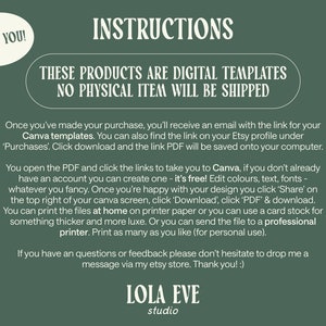 May include: Green background with white text that reads "Thank You!" and "Instructions".  A white oval with green text reads "These products are digital templates. No physical item will be shipped."  The text below explains how to download and use the digital templates.  The text ends with "LOLA EVE studio".