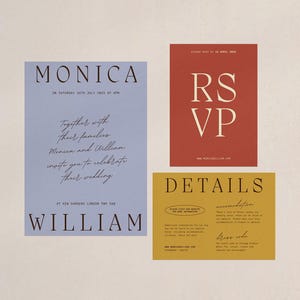 May include: A set of three wedding invitation cards with a modern minimalist design. The main card is light blue with the names "Monica and William" in black text. The RSVP card is red with the text "RSVP" in white. The details card is yellow with the text "Details" in black.