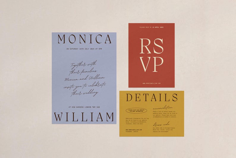 May include: A set of three wedding invitation cards with a modern minimalist design. The main card is light blue with the names "Monica and William" in black text. The RSVP card is red with the text "RSVP" in white. The details card is yellow with the text "Details" in black.