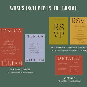 May include: A set of wedding invitation templates in various colors, including red, purple, and yellow. The templates feature the names "Monica" and "William" and include RSVP cards and details cards. The cards are sized for A5 and A6 paper.