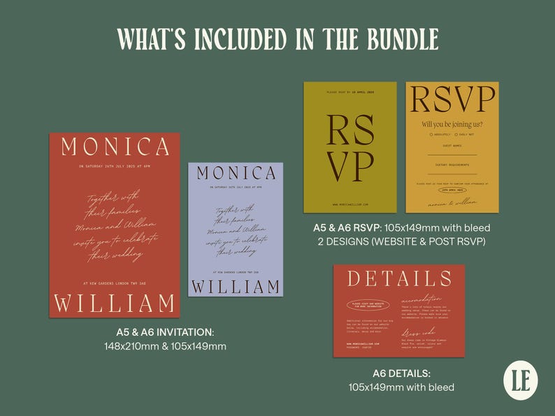 May include: A set of wedding invitation templates in various colors, including red, purple, and yellow. The templates feature the names "Monica" and "William" and include RSVP cards and details cards. The cards are sized for A5 and A6 paper.