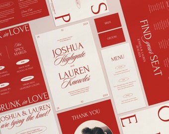 Minimal Wedding Template Bundle, Red And Cream 90s Romance Modern Printable Wedding, Vintage Editable Wedding Stationery, Instant Download
