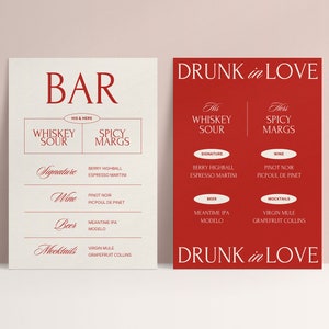 Modèle de plaque de bar minimaliste, menu de boissons élégant de mariage rouge et crème imprimable, menu de boissons de mariage simple, menu de bar bricolage, papeterie de mariage