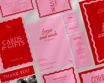 Bundle de modèles de mariage rose et rouge, mariage imprimable moderne, papeterie de mariage modifiable vintage, téléchargement immédiat, invitation de bordure ondulée