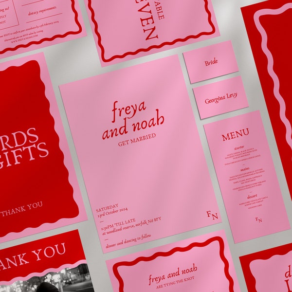 Pink And Red Wedding Template Bundle, Modern Printable Wedding, Vintage Editable Wedding Stationery, Instant Download, Wavy Border Invite
