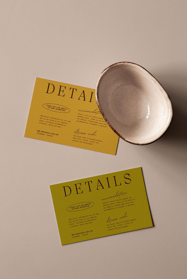 May include: Two yellow cards with the word "DETAILS" in black text. The cards have information about a wedding, including the website, dress code, and accommodation details.