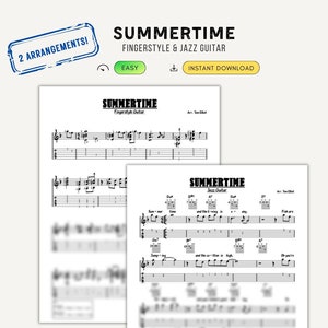 Peut inclure: Une partition de musique pour la chanson "Summertime" arrangée pour guitare fingerstyle et jazz. La partition comprend deux arrangements, un pour guitare fingerstyle et un pour guitare jazz. La partition est en noir et blanc et comprend des tablatures de guitare et une notation standard.