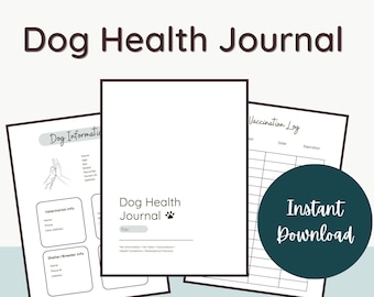 May include: A printable dog health journal with a paw print logo. The journal includes sections for dog information, veterinarian information, shelter/breeder information, and a vaccination log. The text "Dog Health Journal" and "Instant Download" are visible on the pages.