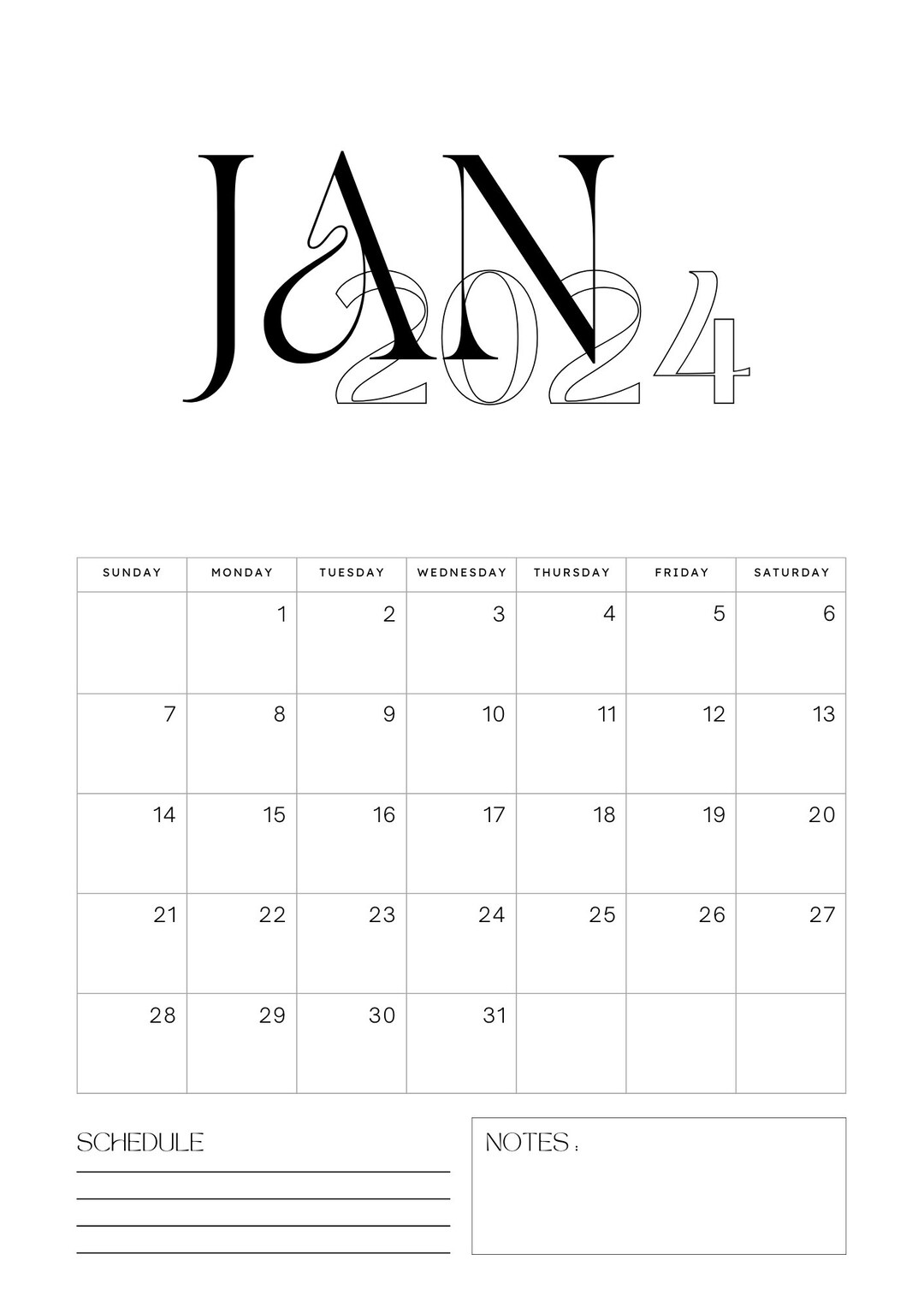 Minimalist 2024 Calendar Download PDF Etsy