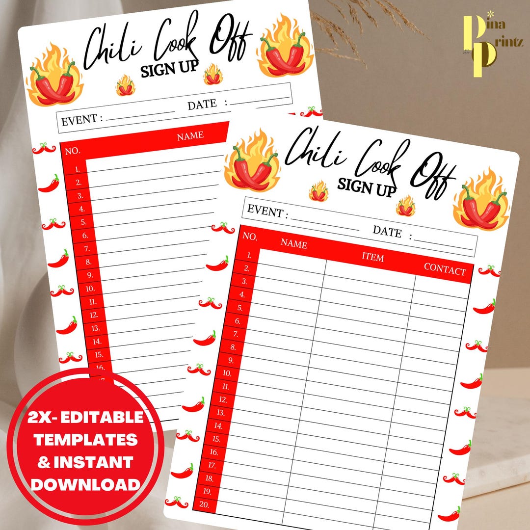 EDITABLE Chili Cook-off Sign up Sheet Template Chili Cook off Sign up ...