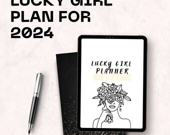 Könnte beinhalten: Ein schwarz-weißer digitaler Planer mit dem Text "Lucky Girl Planner 2024" auf weißem Hintergrund. Der Planer zeigt eine Strichzeichnung einer Frau mit Blumen, die ihre Augen bedecken.