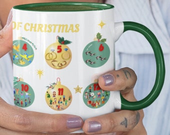 12 Days of Christmas Mug, Traditional Xmas Celebration Mug, Unique Christmas Carol Mug, Stand Out Design, Xmas Holiday Mug, Multi Colours