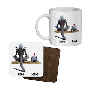 Personalised Xenomorph Mug And Coaster Set, Custom Alien Fan Cup, Choose Custom Caption / Human Appearance / Xenomorph & Human Name