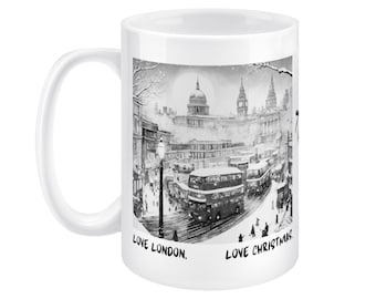 Liebe London Weihnachtsbecher, nostalgische Londoner Weihnachtsbecher, Vintage Weihnachtsbecher, Londoner Becher, verschneites London Becher-Design, Jumbo-Weihnachtsbecher
