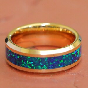 Rose Gold Wedding Ring, Mens 8mm Rose Gold Plated Bands, Emerald Green Opal Inlay Tungsten Carbide Rings, Engraved Couple Anniversary Rings