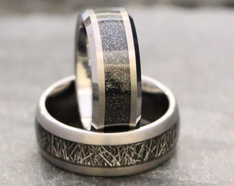 Unisex Tungsten Rings, Brushed Wedding Bands, 8mm Shiny Beveled Edge with Black Sandstone Carbon Fiber Inlay, Tungsten Carbide Wedding Rings
